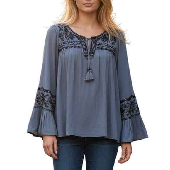 Altar’d State Tops - Altar'd State XS Boho Embroidered Peasant Top Long Bell Sleeve Gray Tassel Gauze